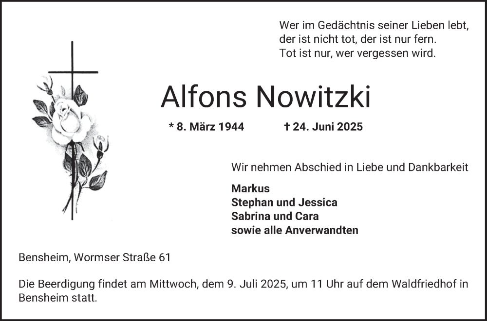  Traueranzeige für Alfons Nowitzki vom 05.07.2025 aus Bergsträßer Anzeiger