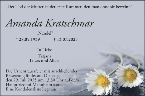 Traueranzeige von Amanda Kratschmar von Mannheimer Morgen