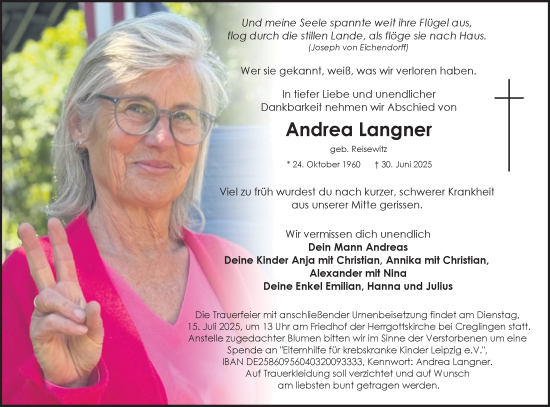 Traueranzeige von Andrea Langner von Fränkische Nachrichten