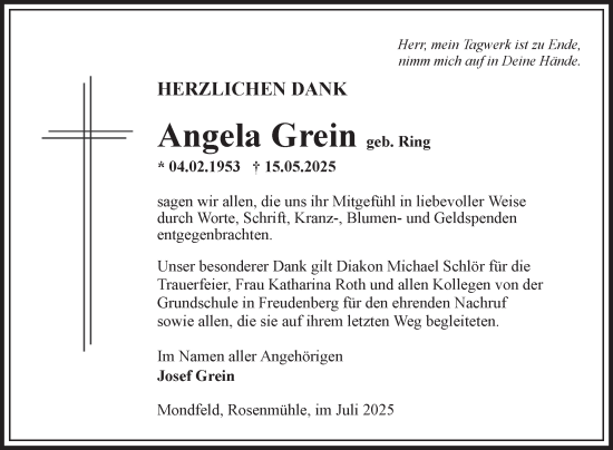 Traueranzeige von Angela Grein von Fränkische Nachrichten