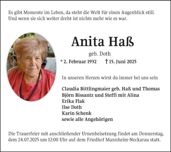 Traueranzeige von Anita Haß von Mannheimer Morgen