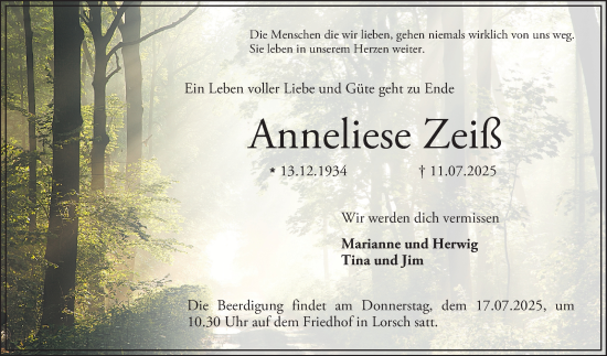 Traueranzeige von Anneliese Zeiß von Bergsträßer Anzeiger