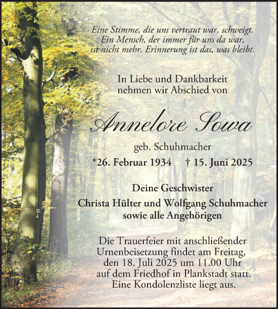 Traueranzeige von Annelore Sowa von Schwetzinger Zeitung