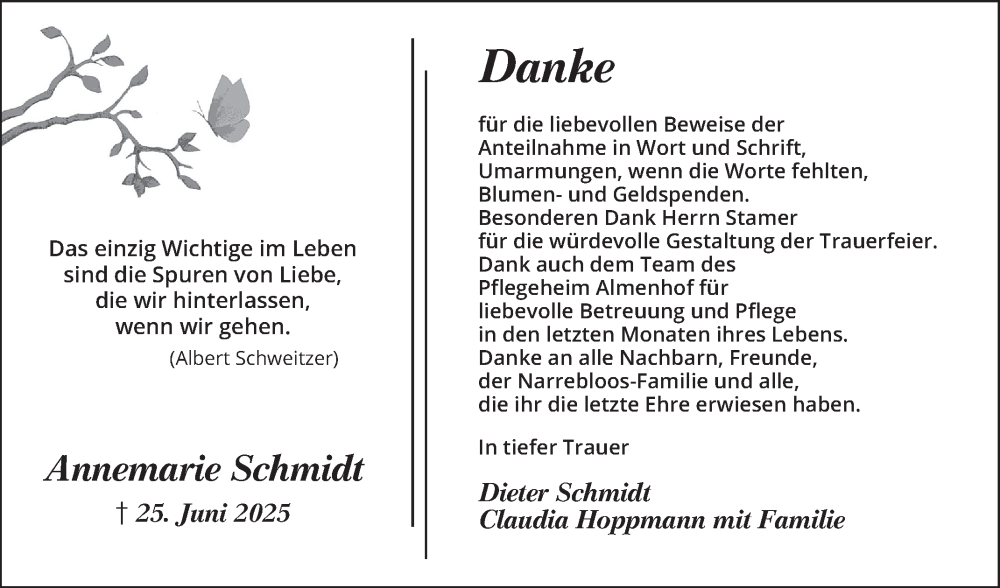  Traueranzeige für Annemarie Schmidt vom 19.07.2025 aus Mannheimer Morgen