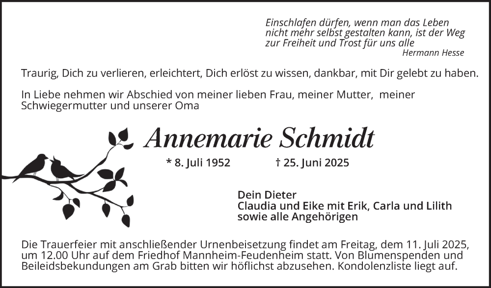  Traueranzeige für Annemarie Schmidt vom 05.07.2025 aus Mannheimer Morgen