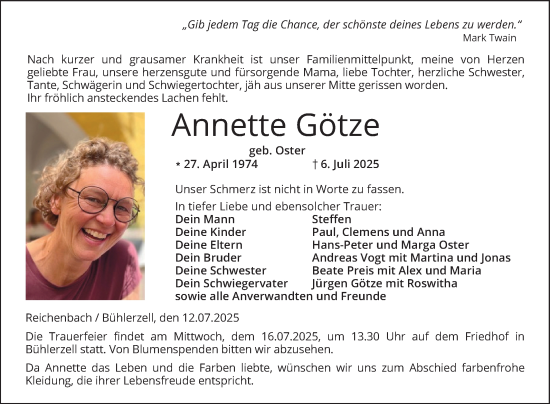 Traueranzeige von Annette Götze von Bergsträßer Anzeiger