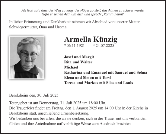Traueranzeige von Armella Künzig von Fränkische Nachrichten