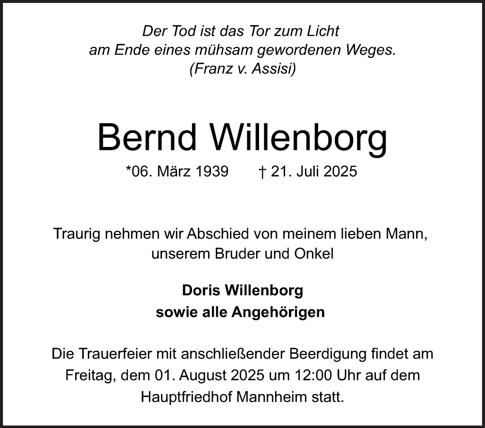  Traueranzeige für Bernd Willenborg vom 26.07.2025 aus Mannheimer Morgen