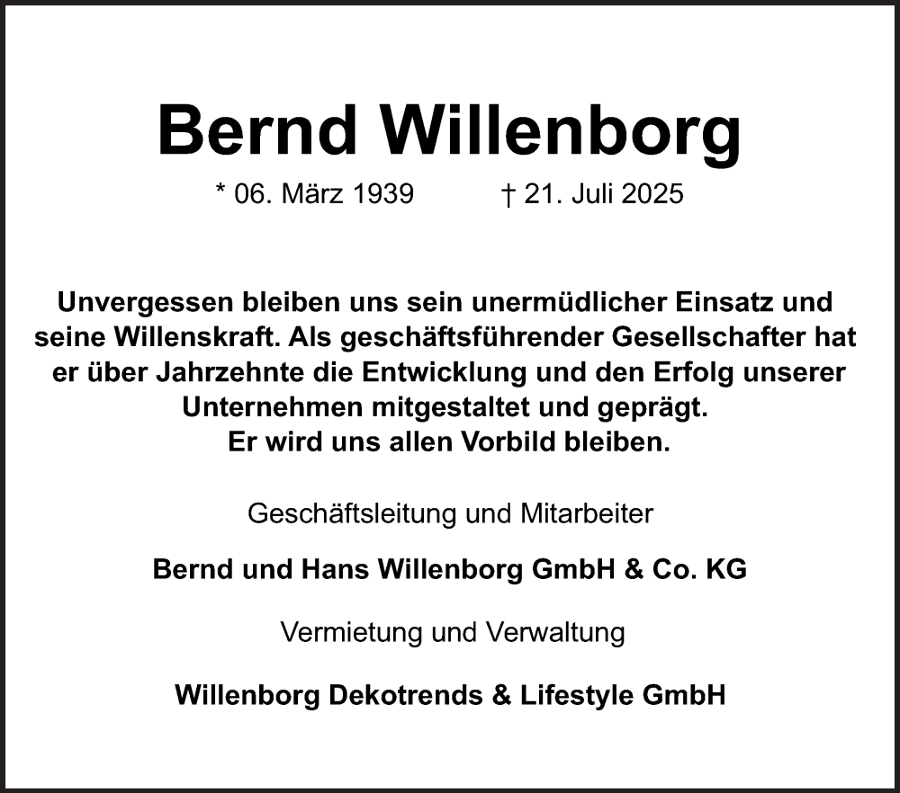  Traueranzeige für Bernd Willenborg vom 26.07.2025 aus Mannheimer Morgen