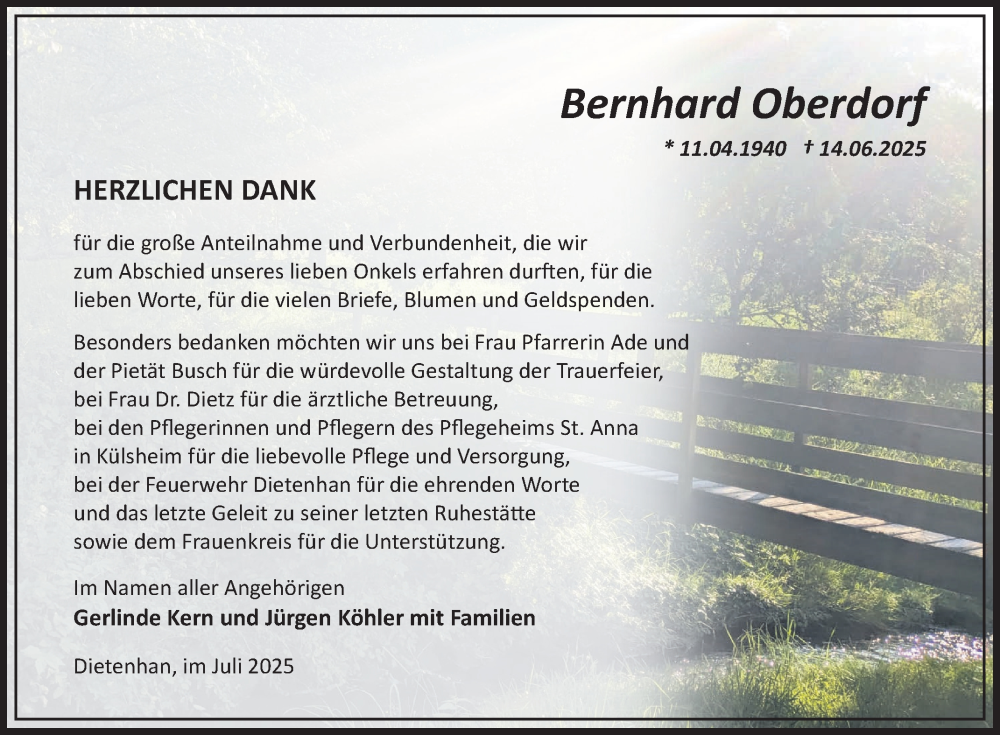  Traueranzeige für Bernhard Oberdorf vom 19.07.2025 aus Fränkische Nachrichten
