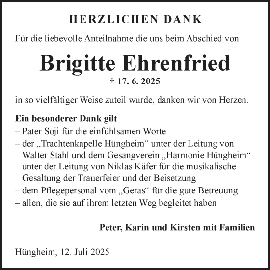 Traueranzeige von Brigitte Ehrenfried von Fränkische Nachrichten