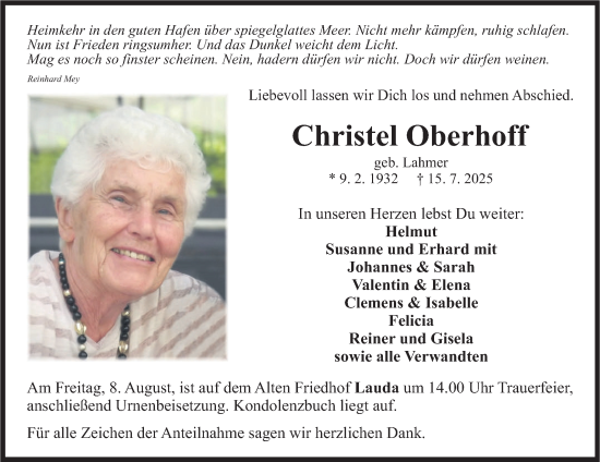 Traueranzeige von Christel Oberhoff von Fränkische Nachrichten