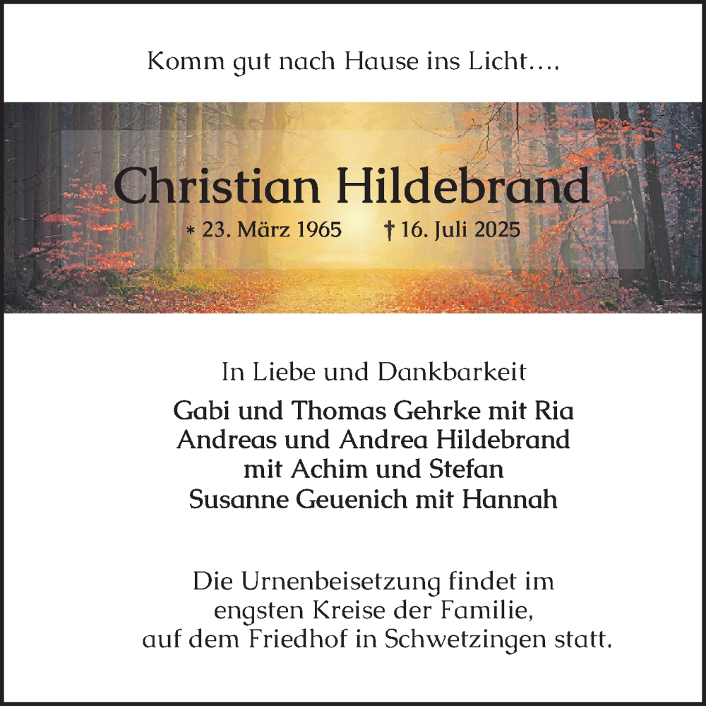  Traueranzeige für Christian Hildebrand vom 26.07.2025 aus Schwetzinger Zeitung