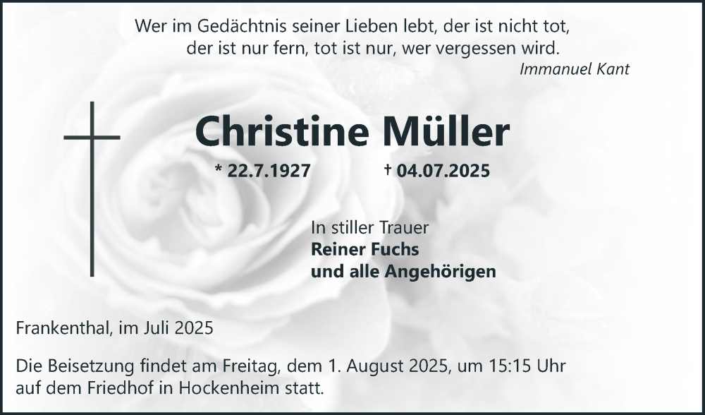  Traueranzeige für Christine Müller vom 25.07.2025 aus Schwetzinger Zeitung