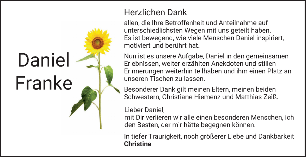  Traueranzeige für Daniel Franke vom 05.07.2025 aus Bergsträßer Anzeiger