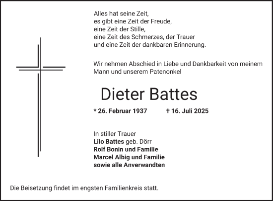 Traueranzeige von Dieter Battes von Bergsträßer Anzeiger