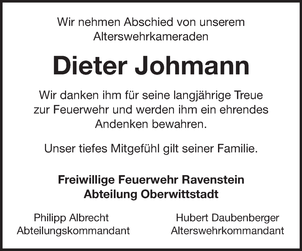  Traueranzeige für Dieter Johmann vom 08.07.2025 aus Fränkische Nachrichten