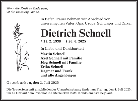 Traueranzeige von Dietrich Schnell von Fränkische Nachrichten