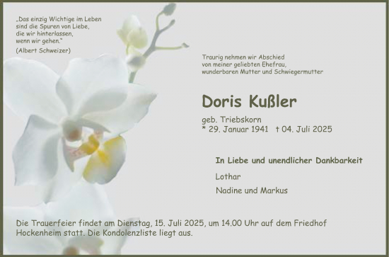 Traueranzeige von Doris Kußler von Schwetzinger Zeitung