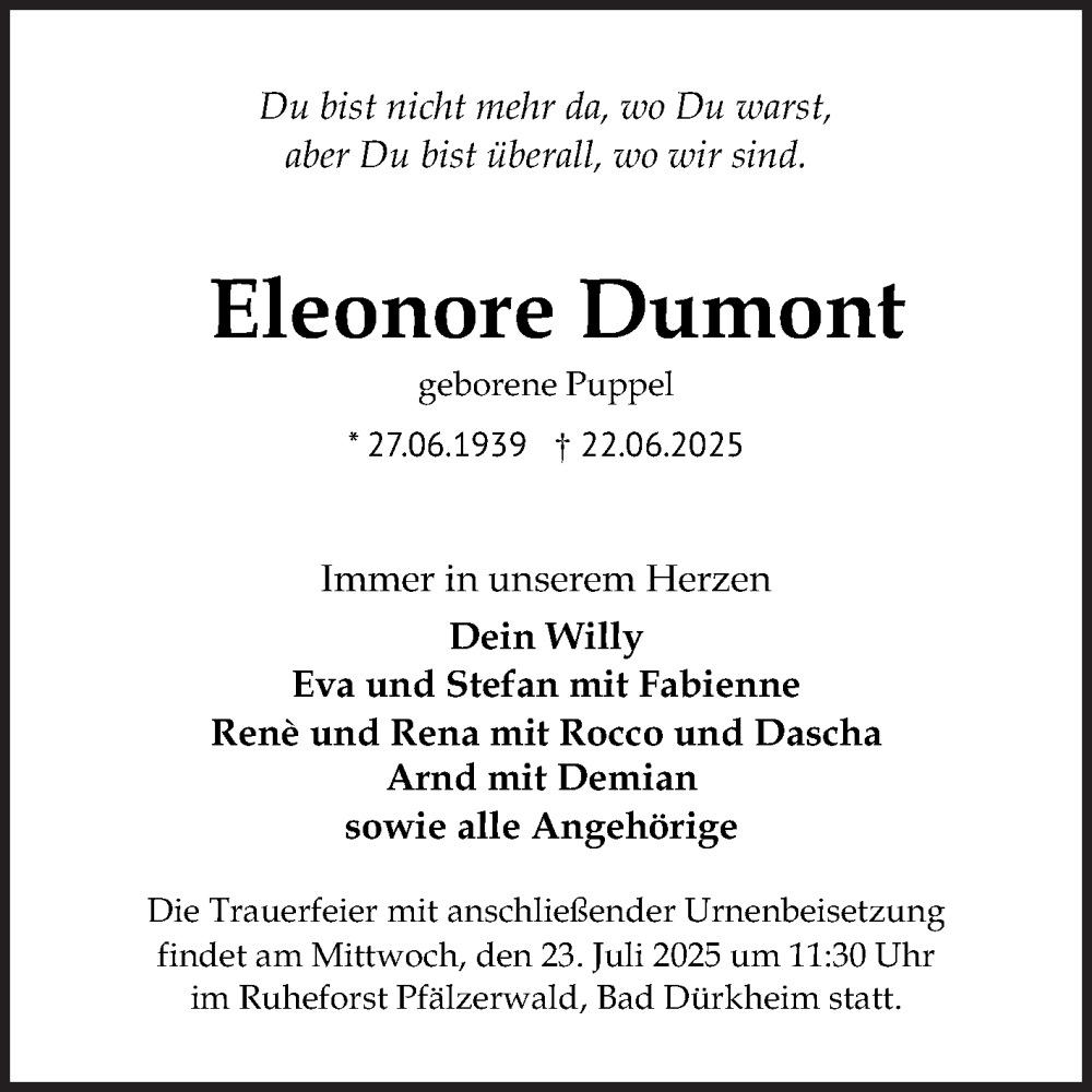  Traueranzeige für Eleonore Dumont vom 05.07.2025 aus Mannheimer Morgen