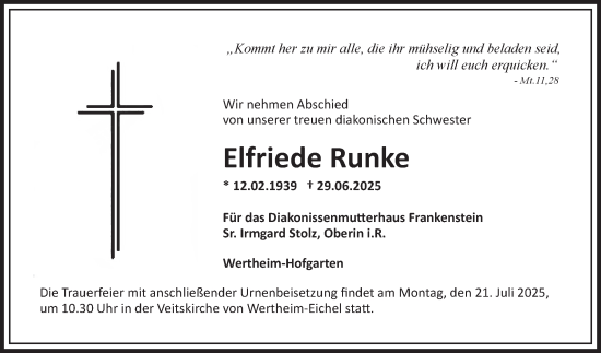 Traueranzeige von Elfriede Runke von Fränkische Nachrichten