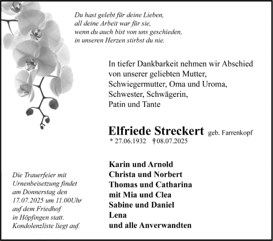 Traueranzeige von Elfriede Streckert von Fränkische Nachrichten