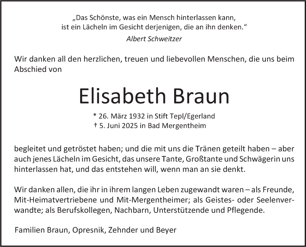  Traueranzeige für Elisabeth Braun vom 02.07.2025 aus Fränkische Nachrichten