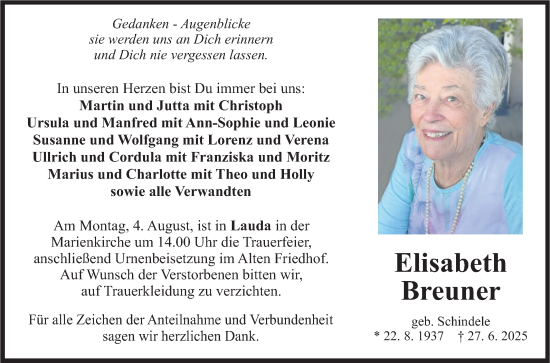 Traueranzeige von Elisabeth Breuner von Fränkische Nachrichten