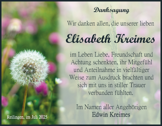 Traueranzeige von Elisabeth Kreimes von Schwetzinger Zeitung