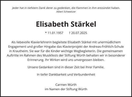 Traueranzeige von Elisabeth Stärkel von Fränkische Nachrichten