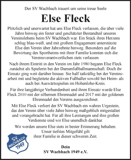 Traueranzeige von Else Fleck von Fränkische Nachrichten