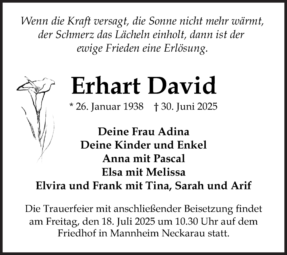  Traueranzeige für Erhart David vom 05.07.2025 aus Mannheimer Morgen