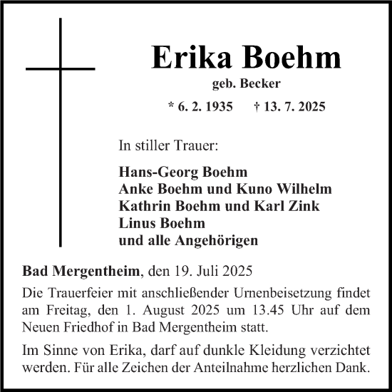 Traueranzeige von Erika Boehm von Fränkische Nachrichten
