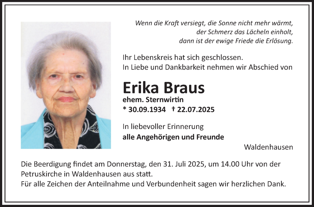 Traueranzeige für Erika Braus vom 26.07.2025 aus Fränkische Nachrichten
