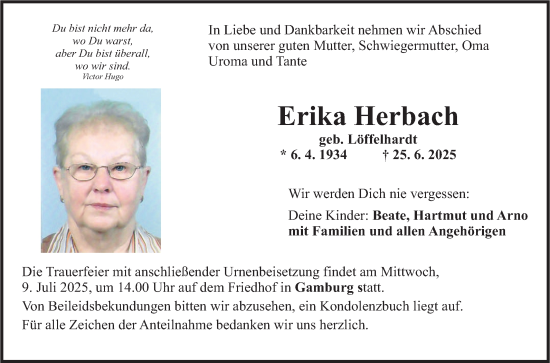 Traueranzeige von Erika Herbach von Fränkische Nachrichten