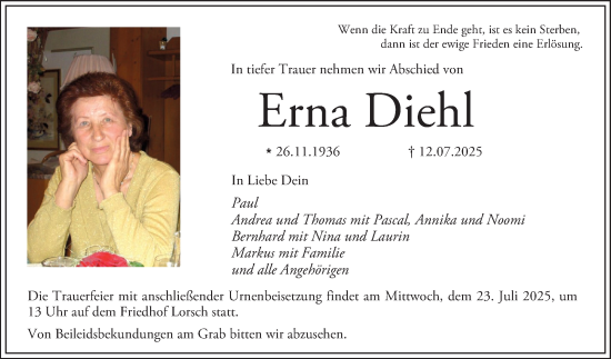 Traueranzeige von Erna Diehl von Bergsträßer Anzeiger