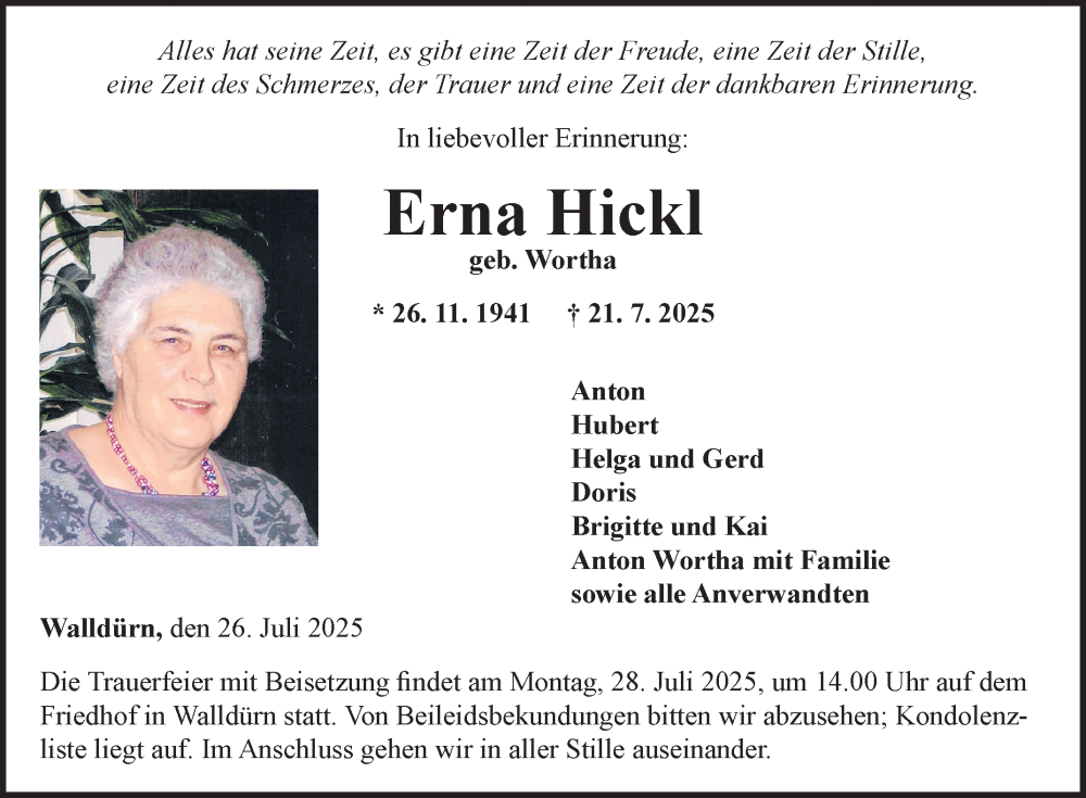  Traueranzeige für Erna Hickl vom 26.07.2025 aus Fränkische Nachrichten