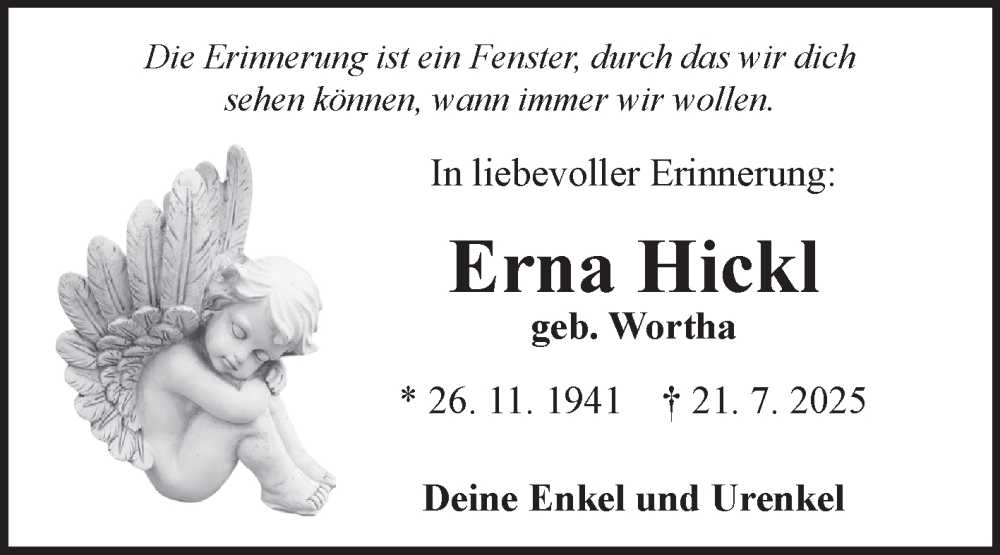  Traueranzeige für Erna Hickl vom 26.07.2025 aus Fränkische Nachrichten