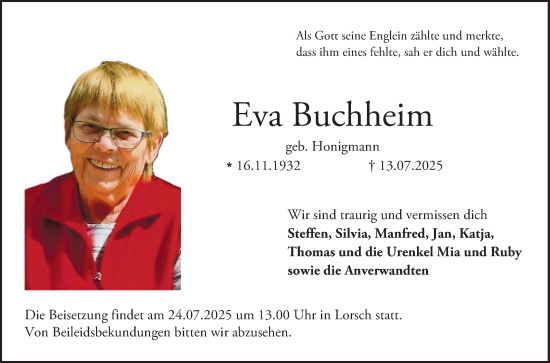Traueranzeige von Eva Buchheim von Bergsträßer Anzeiger