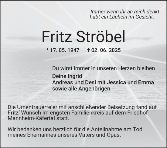 Traueranzeige von Fritz Ströbel von Mannheimer Morgen