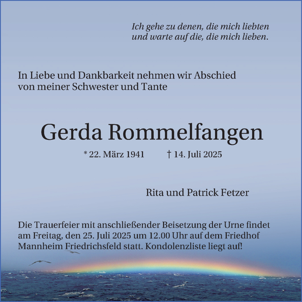  Traueranzeige für Gerda Rommelfangen vom 19.07.2025 aus Mannheimer Morgen