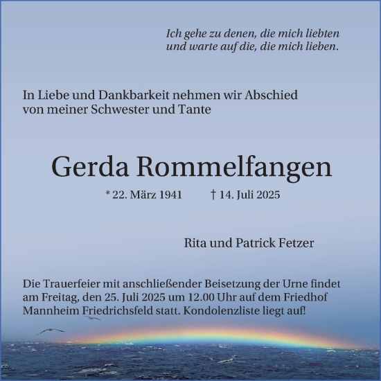 Traueranzeige von Gerda Rommelfangen von Mannheimer Morgen