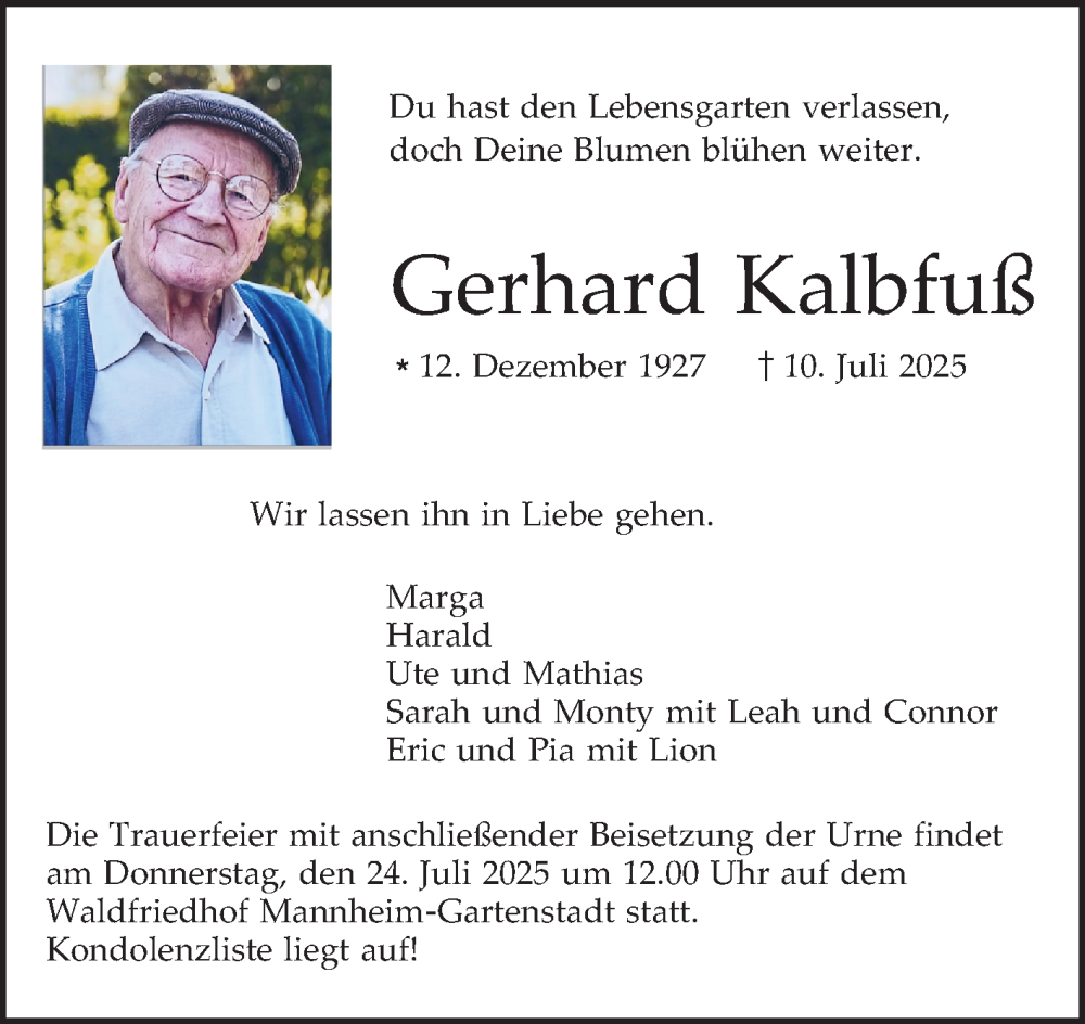  Traueranzeige für Gerhard Kalbfuß vom 19.07.2025 aus Mannheimer Morgen