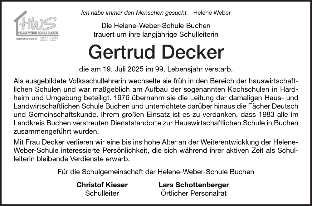  Traueranzeige für Gertrud Decker vom 01.08.2025 aus Fränkische Nachrichten
