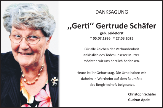 Traueranzeige von Gertrude Schäfer von Fränkische Nachrichten