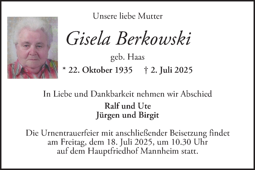  Traueranzeige für Gisela Berkowski vom 12.07.2025 aus Mannheimer Morgen