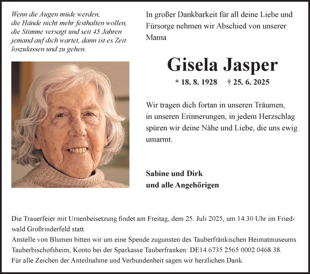  Traueranzeige für Gisela Jasper vom 19.07.2025 aus Fränkische Nachrichten