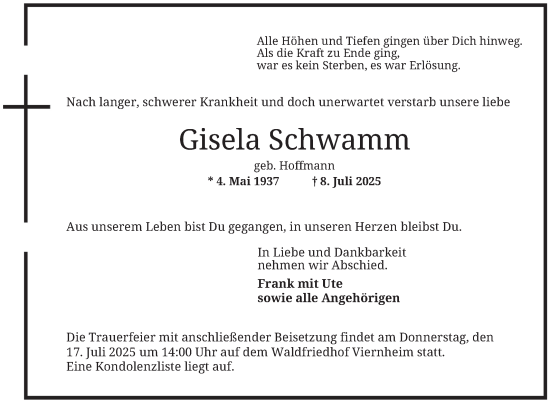 Traueranzeige von Gisela Schwamm von Mannheimer Morgen
