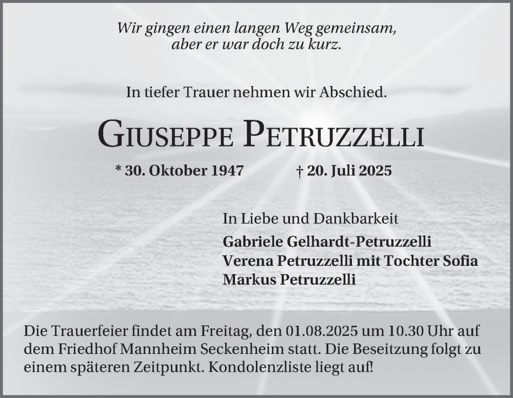  Traueranzeige für Giuseppe Petruzzelli vom 26.07.2025 aus Mannheimer Morgen