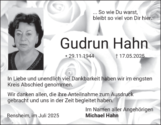 Traueranzeige von Gudrun Hahn von Bergsträßer Anzeiger